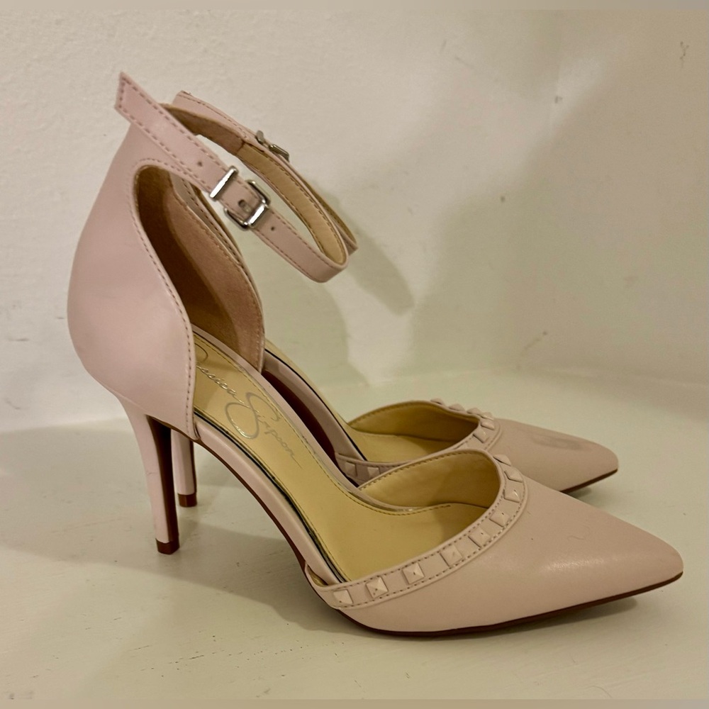 Jessica Simpson Baby PINK Heels Stiletto Pumps Shoes STUDS Ankle Straps size 6.5